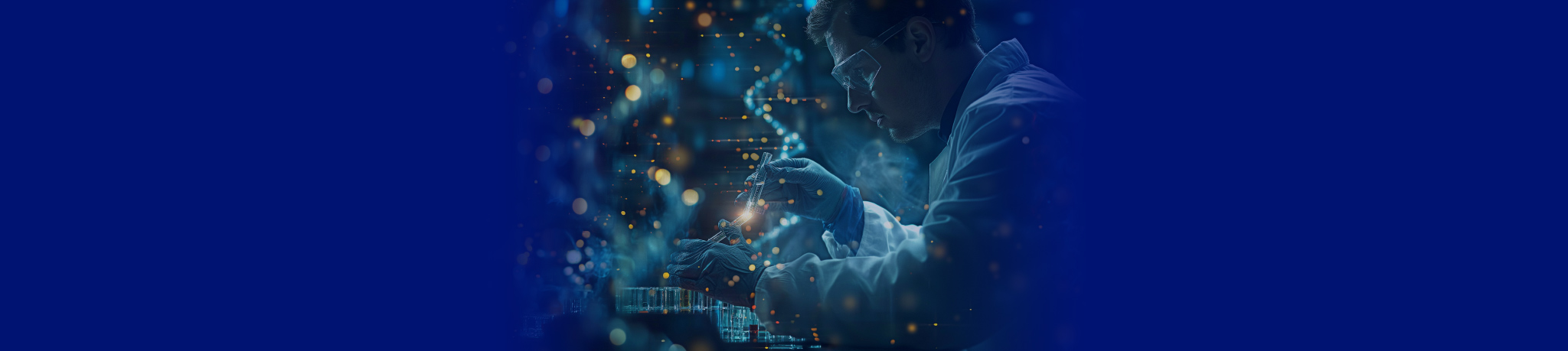 Scientist in a lab using a pipette to handle a glowing sample, with digital DNA strands and particles visualized around him